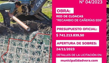 LA MUNICIPALIDAD DE VERA LLAMA A LICITACIÓN POR UNA OBRA DE CLOACAS DE MÁS DE $ 700 MILLONES CON FINANCIAMIENTO DEL ENOHSA