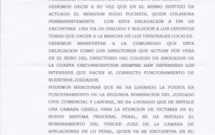 RESPUESTA DEL COLEGIO DE ABOGADOS DELEGACION VERA SOBRE TRASLADO DE CAMARA DE APELACIONES