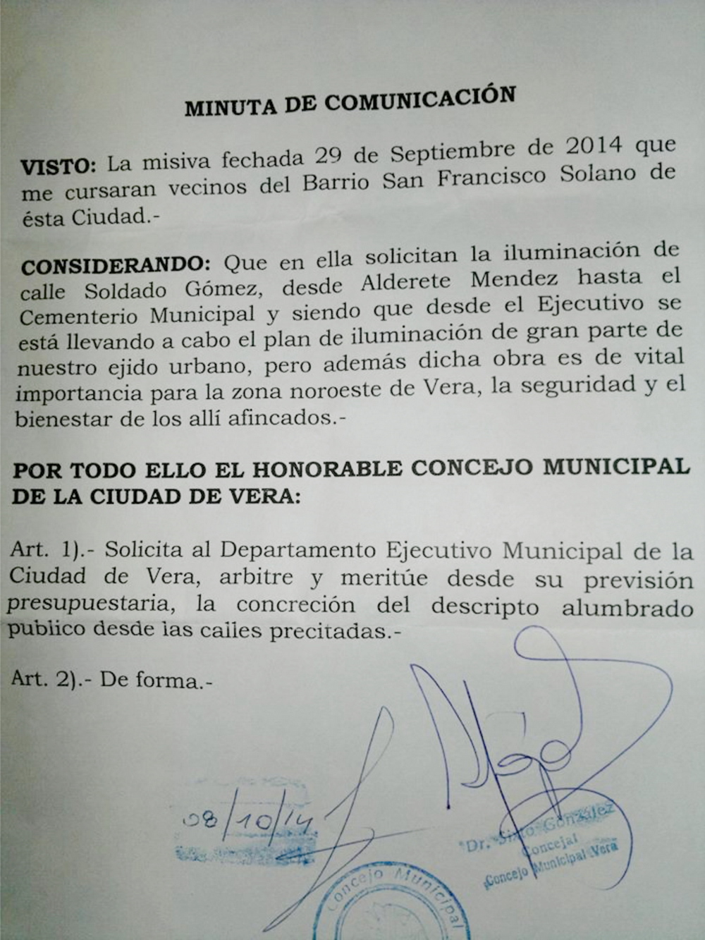 VECINOS DEL BARRIO SAN FRANCISCO SOLANO HACEN PEDIDO DE ALUMBRADO PUBLICO |  EDICION VERA | Portal de Noticias de la ciudad de Vera